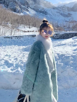 

2019 Autumn & Winter New Fashion Green Artificial Mink Fur Long Loose Over Knee Women Coat Free Shipping Worldwide