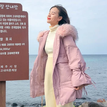 

Ailegogo Big Fur Collar Winter Women White Duck Down Parkas Hooded Medium Long Loose Fit Snow Warm Coat Female Outwear