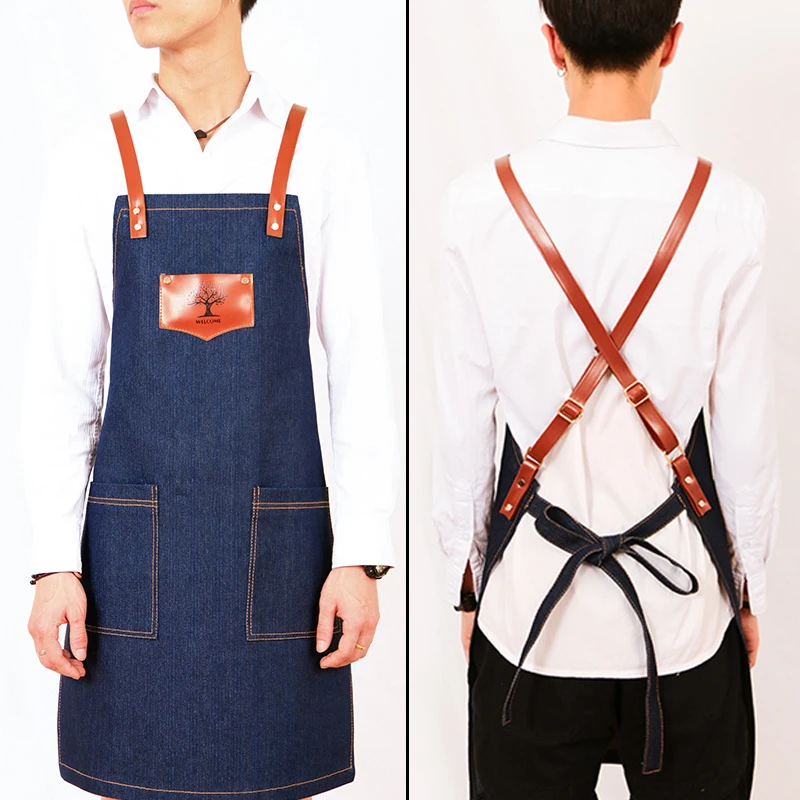 Denim apron custom logo Korean fashion Chinese restaurant with the same work clothes printing barista tea shop men and women