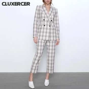 

Fashion Plaid Women Casual Blazer Suits Long Sleeve Double Breasted Blazer & Pants Set Office Ladies Two-piece Blazer Sets
