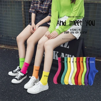 

Trendy Cool Girls Fluorescent Color New Socks Harajuku Women Cotton Socks Casual Letter Skateboard Street Socks Loose Crew Socks