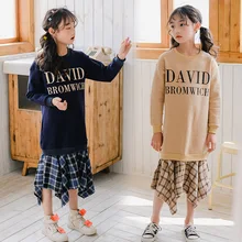 С плотным бархатом для девочек зимнее платье с длинным Стиль лоскутное Платье для маленьких девочек Модное детское платье в клетку для девочек