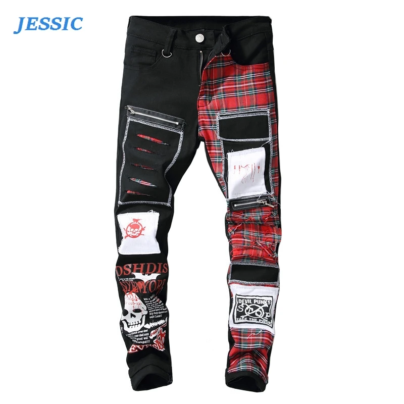

JESSIC Men's Skull Printed Scottish Plaid Patchwork Jeans Trendy Patches Design Black Ripped Distressed Denim Long Pants 28-42