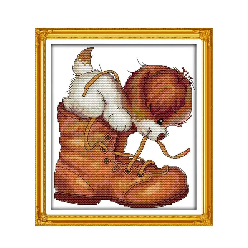 Cross Stitch Kit Dog and Shoes Cross Stitch Animal Printed Stamp Cotton Embroidery 18CT 14CT 11CT