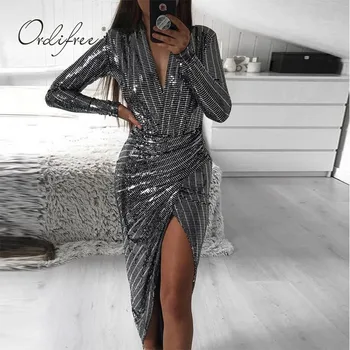 

Ordifree 2020 Summer Women Sexy Bodycon Party Dress Long Sleeve Sequin Split Maxi Dress