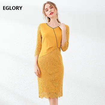 

2019 Autumn Fashion Bodycon Dress High Quality Women V-Neck Lace Patchwork 3/4 Sleeve Mid-Calf Length Yellow Black Dress XXXL