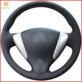 

MEWANT Black Genuine Leather Car Steering Wheel Cover for Nissan Tiida Sylphy Sentra Versa Note 2014-2017 Accessories Parts
