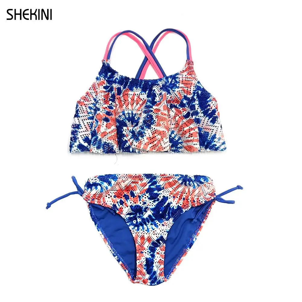 

Girl's Ruffles Flounce Print Crochet Teenage Girls Bikini Tie Side Bottom Hollow Back Crisscross Two Piece Swimsuits Beachwear