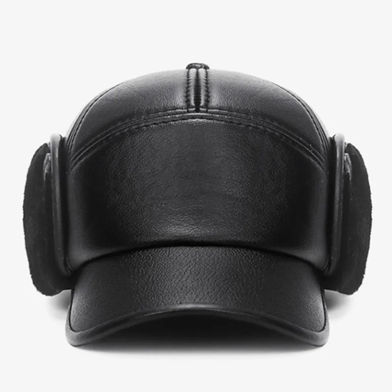 

New Winter Men's Fluff Warm PU Imitation Leather Baseball Caps Cold-proof Plus Velvet Earmuffs Hat Black Sports Cap Snapback Cap