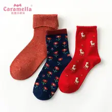 Caramella, 3 пар/лот, зимние женские носки, милые, забавные, с оленем, длинные, женские носки, счастливый цветок, хлопковые носки, Kawaii, уличная одежда, носки