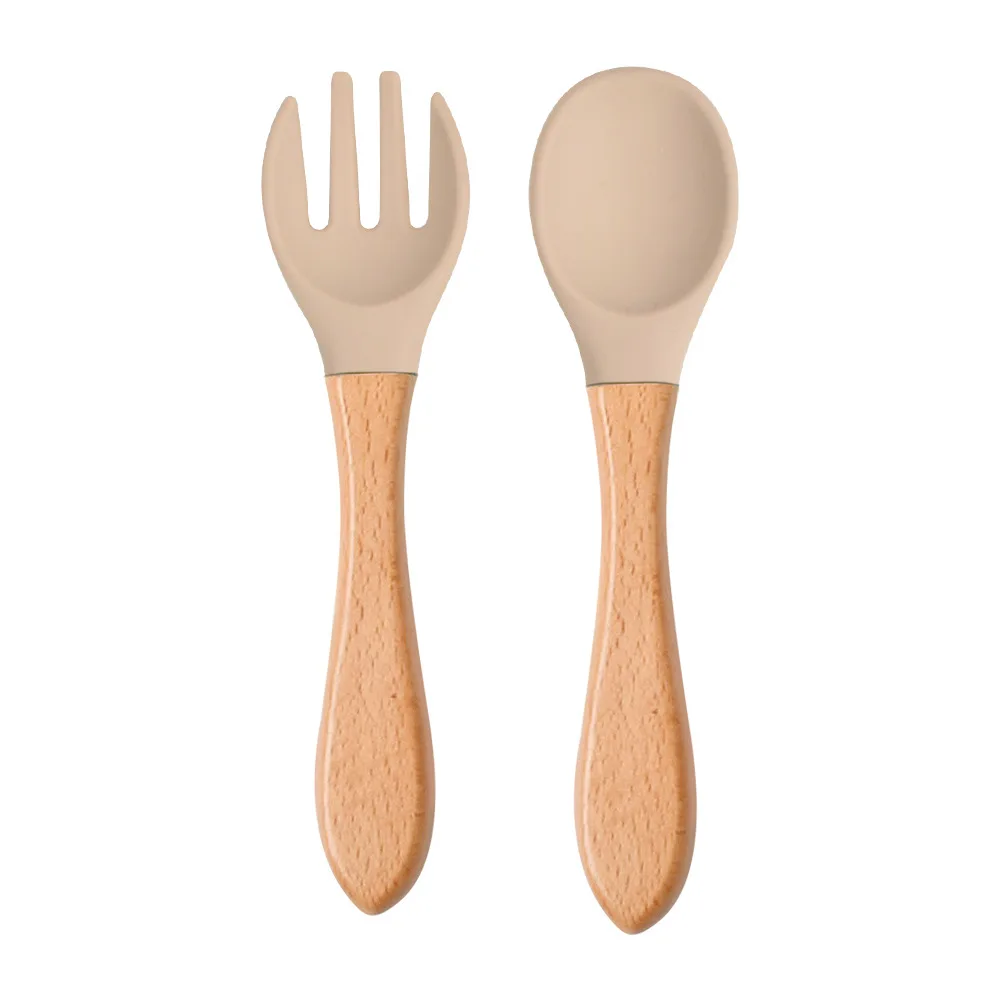 2pcs Wooden Handle Silicone Spoon Fork Set Baby Feeding Utensils Kid Training Eat Solid Food Dishes Children Spoon Tableware baby milk warmer bag  Feeding