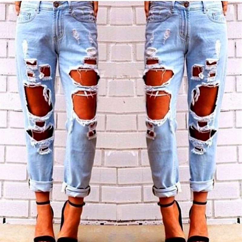 

2019 summer explosion models ladies fashion jeans Europe and America loose large size wild sexy exaggerated big hole jeans