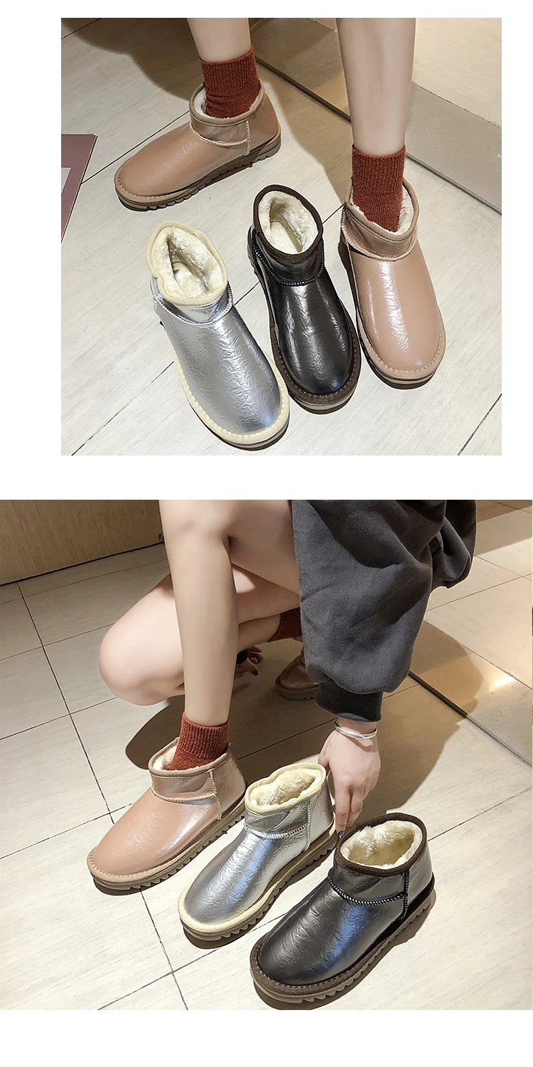 Leather Snow Boots Women Platform Fur High Quality Winter Ankle Boots Women Waterproof Non-slip Warm Shoes Botas Mujer