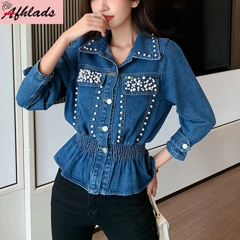 

Autumn New Turn-Down Collar High Quality Beading Loose Female Denim Outerwear Women's Single-Breasted Fashion Streetwear Coats