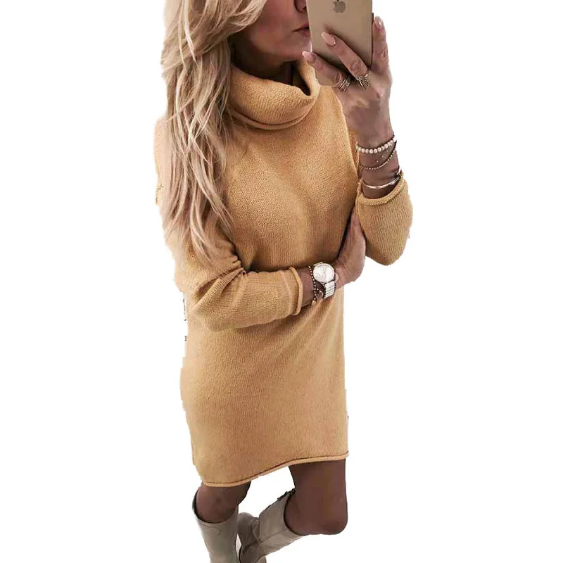 

Large size women's turtleneck sweater dress solid color long-sleeved slim sweater in the long women's sweater