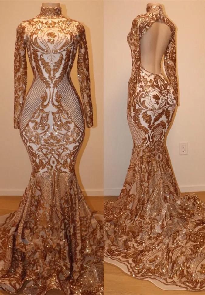 Gorgeous Long Sleeve Gold Sequins Prom Dresses 2020 High Neck Backless Muslim Hijab Mermaid Lace Occasion