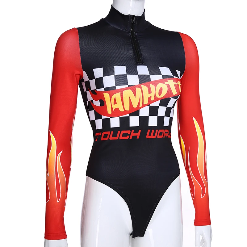 Darlingaga Streetwear Turtleneck Bodysuit Women Long Sleeve Body Flame Checkerboard Letter Print Rompers Womens Jumpsuit Autumn