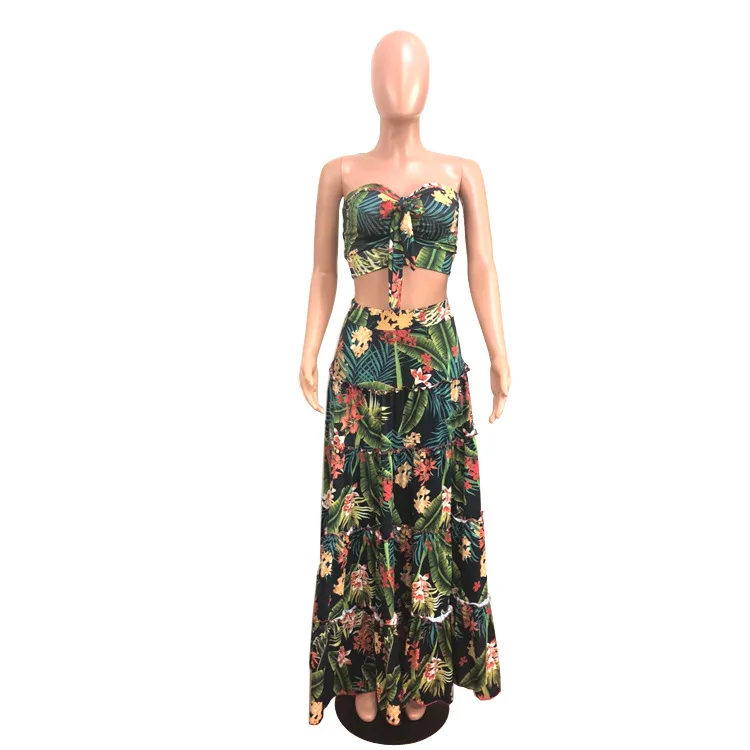Европа и США, новая классическая женская летняя юбка в виде листьев лотоса, с открытой спиной, с принтом, с деревянными ушками, пляжная юбка из двух частей