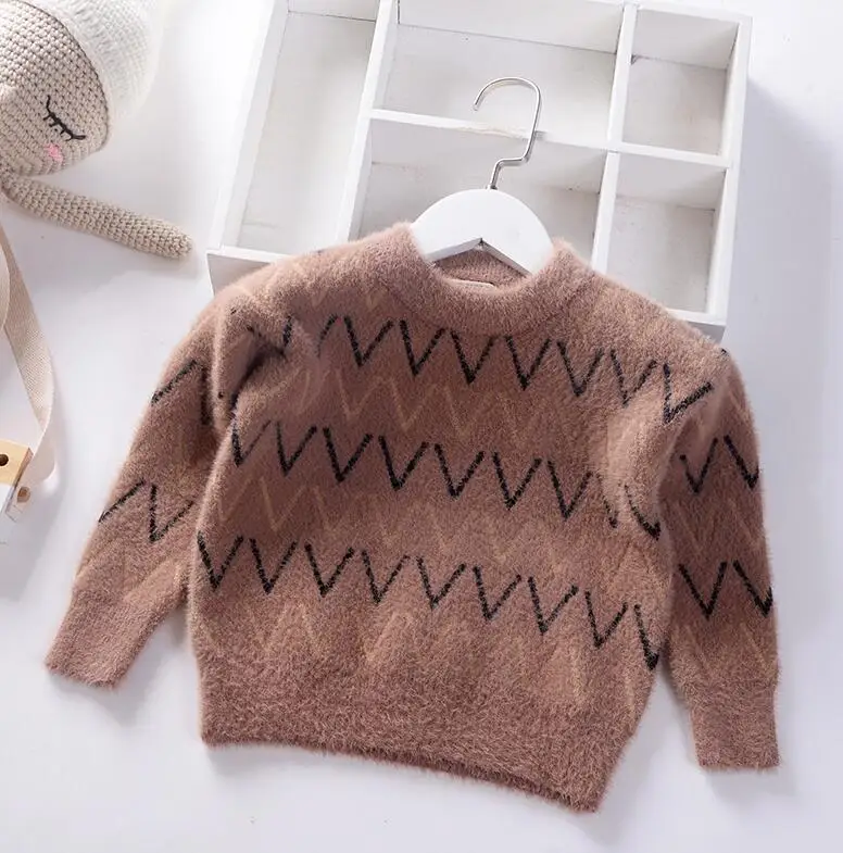 Коричневый Свитер для девочек норковая бархатная коллекция года, осенне-зимний пулловер для принцессы, теплая вязаная одежда детское пальто детская одежда в полоску - Цвет: Коричневый