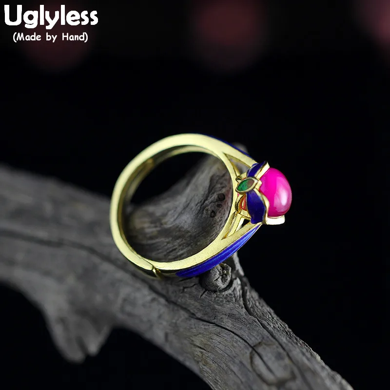 Uglyless Palace Designer Enamel Vintage Open Rings for Women HOT PINK Chalcedony Solid 925 Silver Gemstones Jewelry R979 | Украшения и