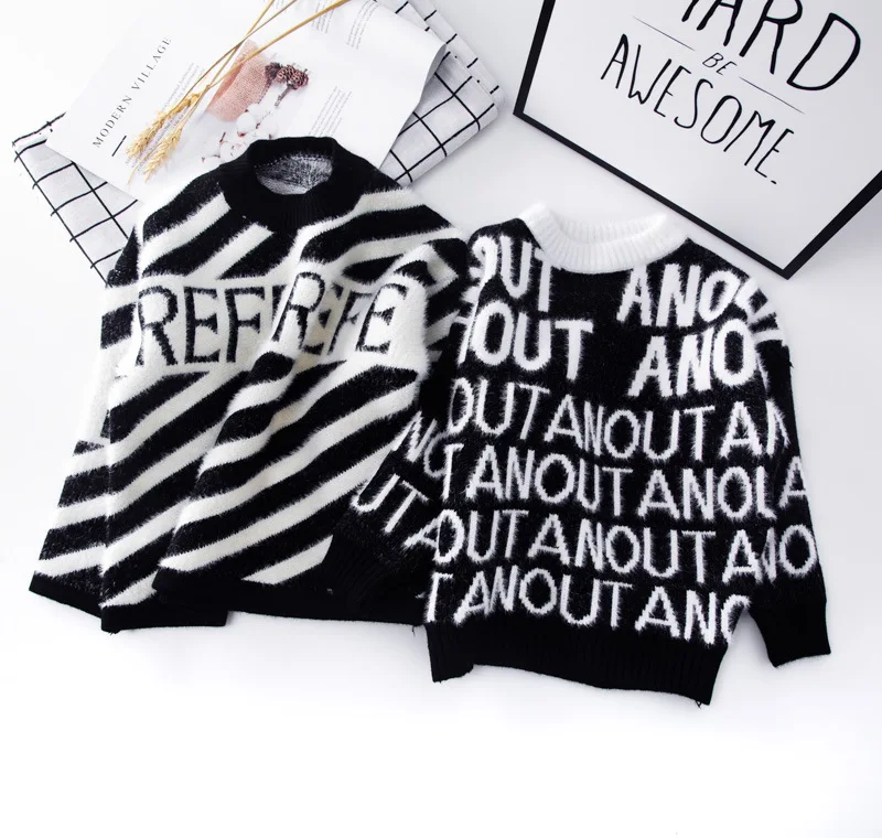 

2018 Autumn And Winter CHILDREN'S Sweater Faux Mink Cashmere Children Striped Letters Pullover Men And Women Children Korean-sty