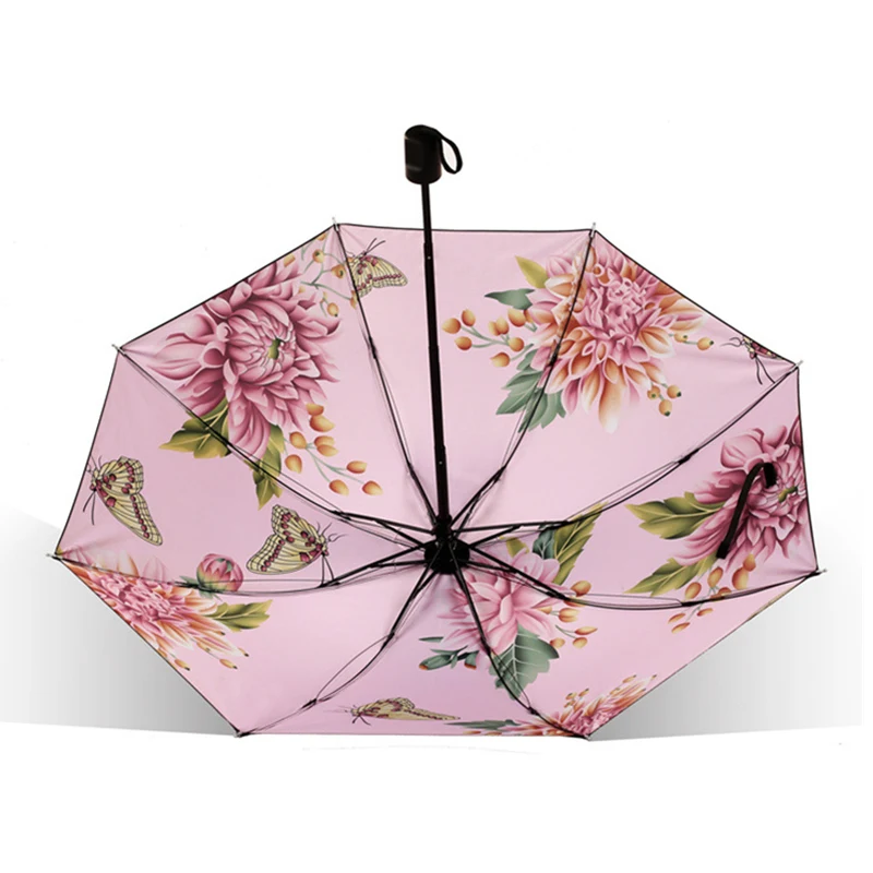 Manual Folding Umbrella Women Butterfly Blossom Flowers Sunny Rainy Umbrella 3-folding 8k Windproof Anti-UV Cute Umbrella Girls