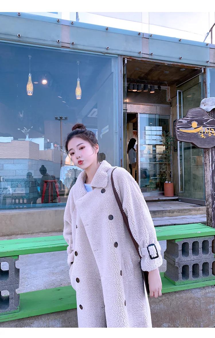 Photo Shoot INS Fold-down Collar Suede Apricot Mid-length Double Breasted Elegant Fur Lambs Wool Overcoat Women's Winter