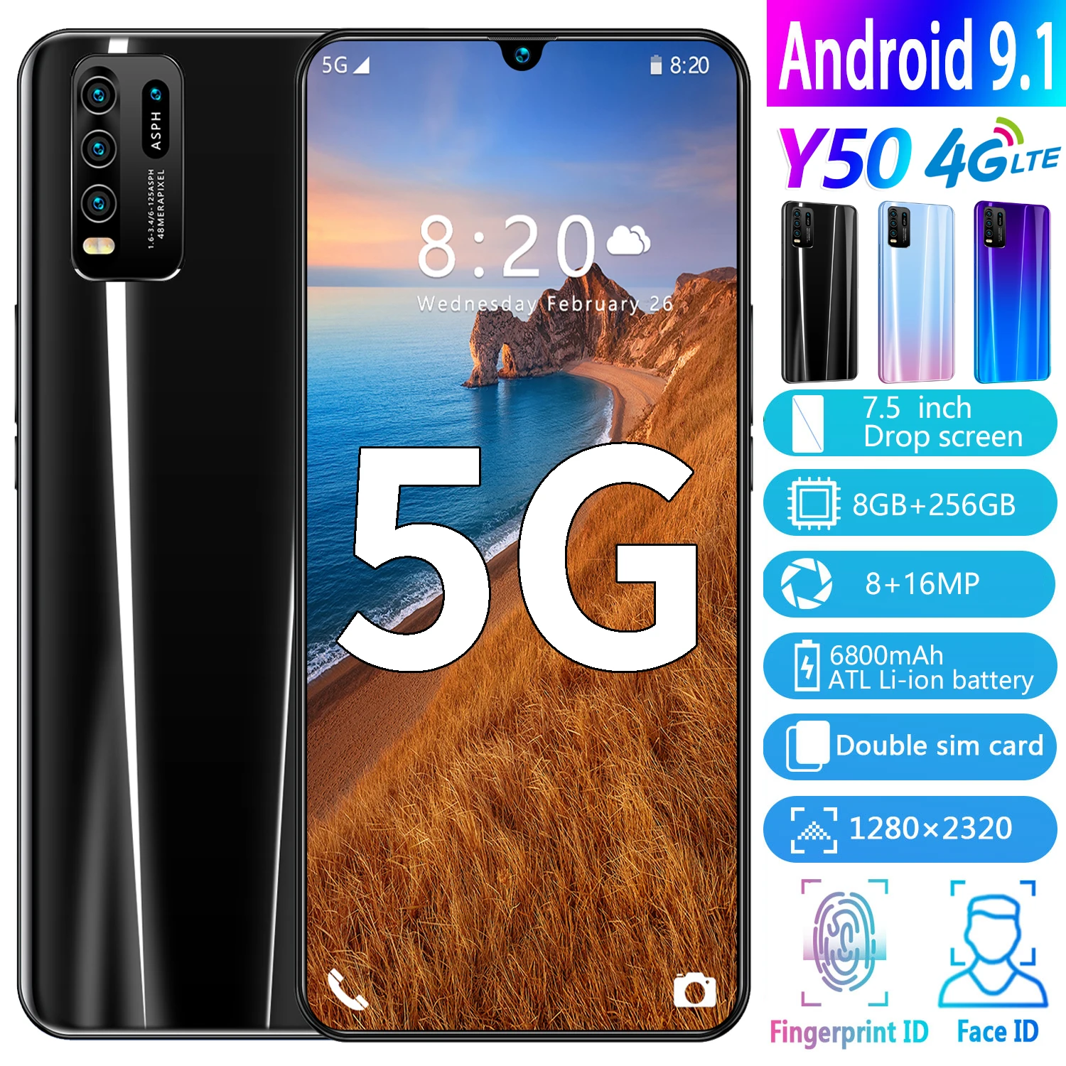 Global Version Y50 7.5-Inch Large Screen Smart Android Phone 8GB RAM 6800mah Send Mobile Phone Case 4G LTE Smartphone Free Ship