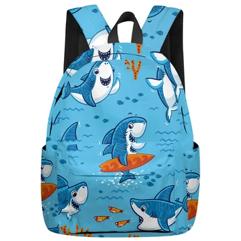 

Blue Shark Cartoon Backpack College Students Laptop Backpack Book Bag Casual School Bag