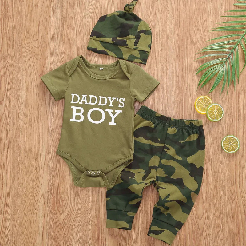 Baby Girls Boys Clothes Set Camouflage Short Sleeve Letter Printed Bodysuit Tops+Pants Toddler Baby Clothes Summer Autumn