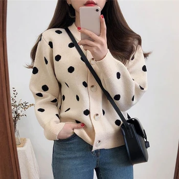

Polka Dot Cropped Cardigan Women All-match Kawaii Sweet Black Knitted Sweater Harajuku Autumn Winter Apricot Korean Coats Female