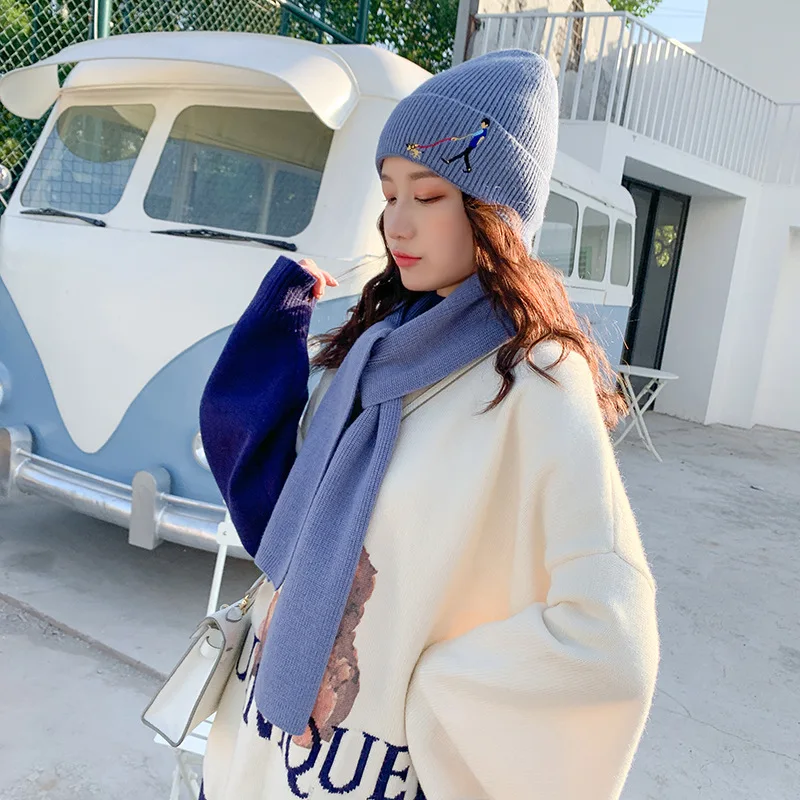 light blue set Женская зимняя вязаная шапка skullies beanies, брендовая Высококачественная Женская вязанные шарф и шапка - Цвет: light blue set