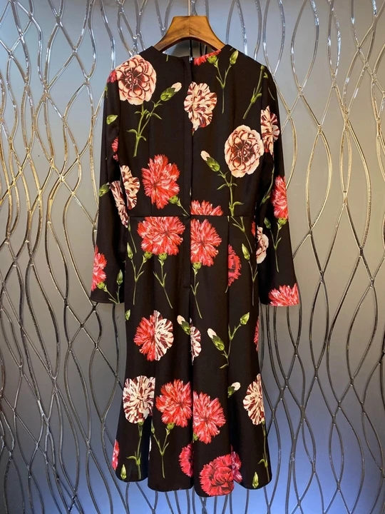 autumn Early new women's round neck print pattern color matching decoration long sleeve dress 1009