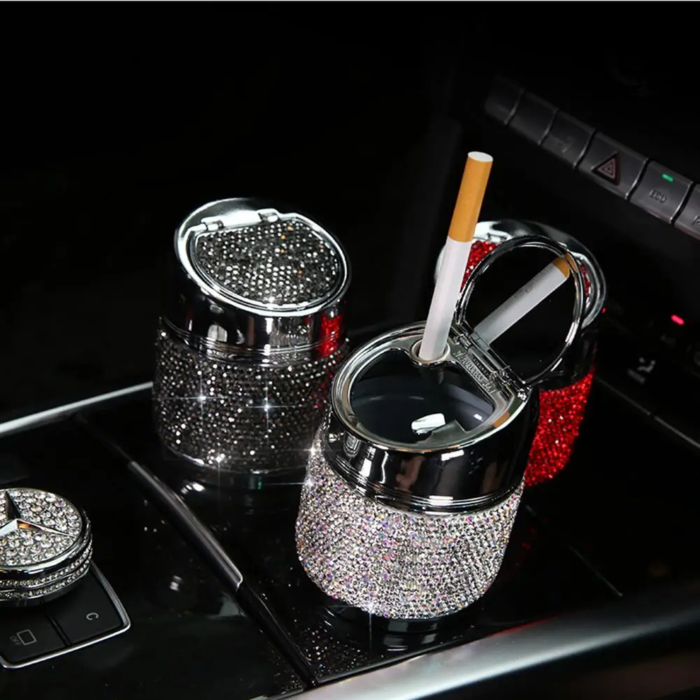 

Stylish Rhinestone Metal Car Vehicle Ashtray Trash Can with Lid Cigarettes Holder 2020