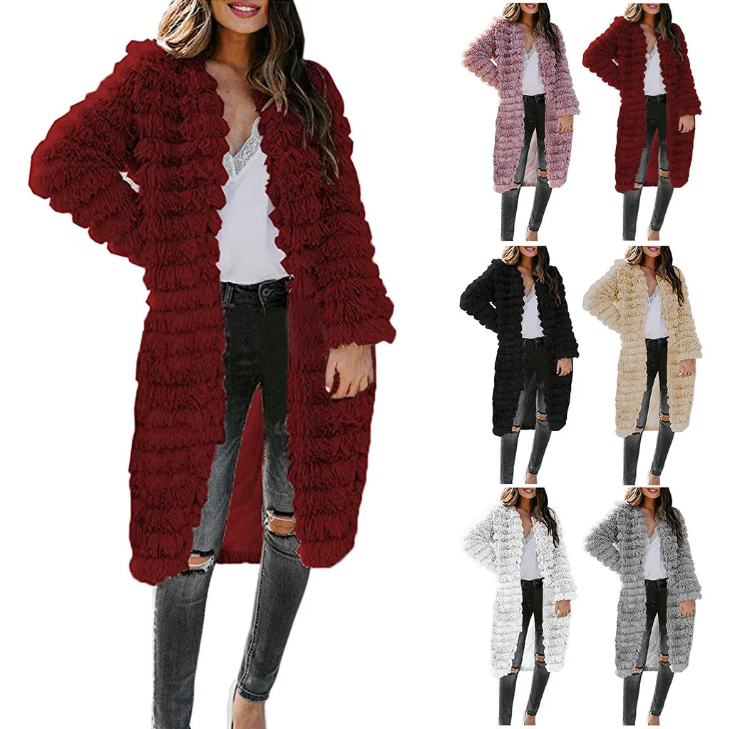 Chaqueta con bolsillos larga de piel sintética de pelo para mujer, abrigo cárdigan informal de manga larga para invierno