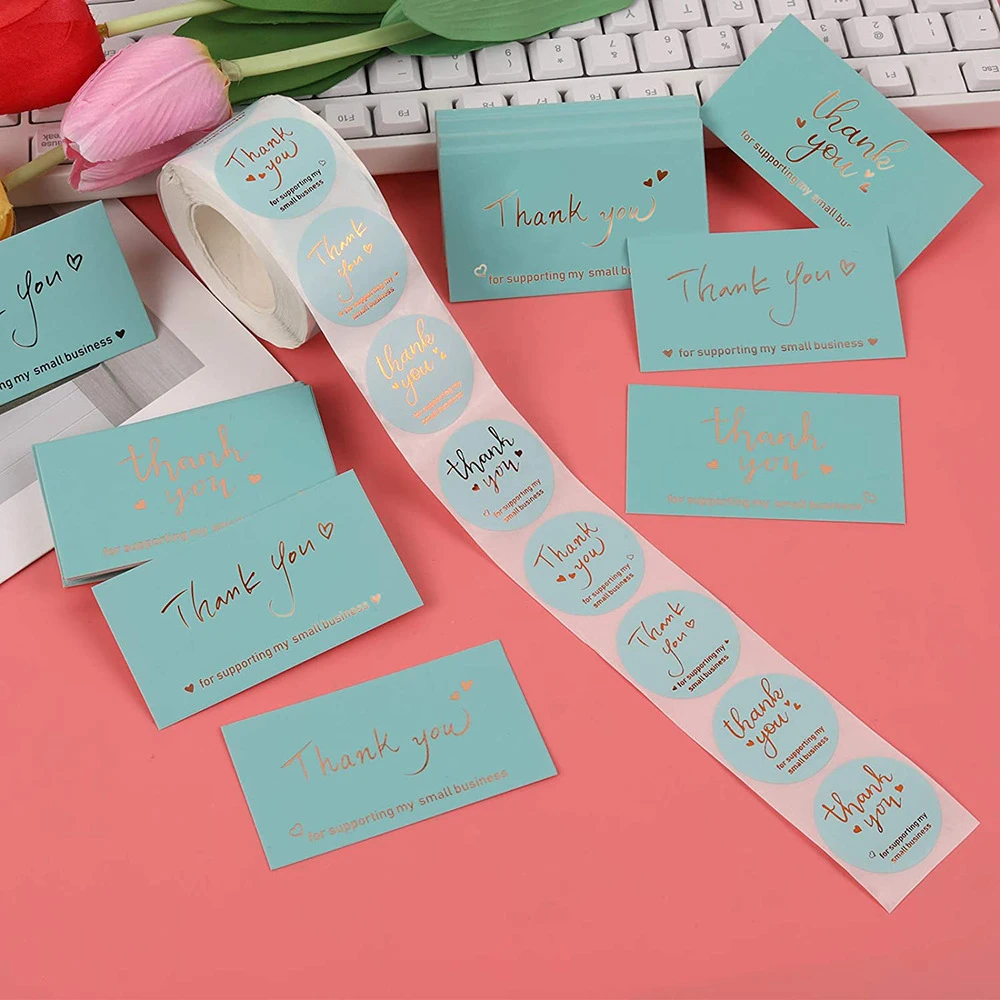 Blue Thanks Greeting Card Thank You for Supporting My Small Business Gold Leaf Card Packaging Decoration Sticker 10-500Pcs
