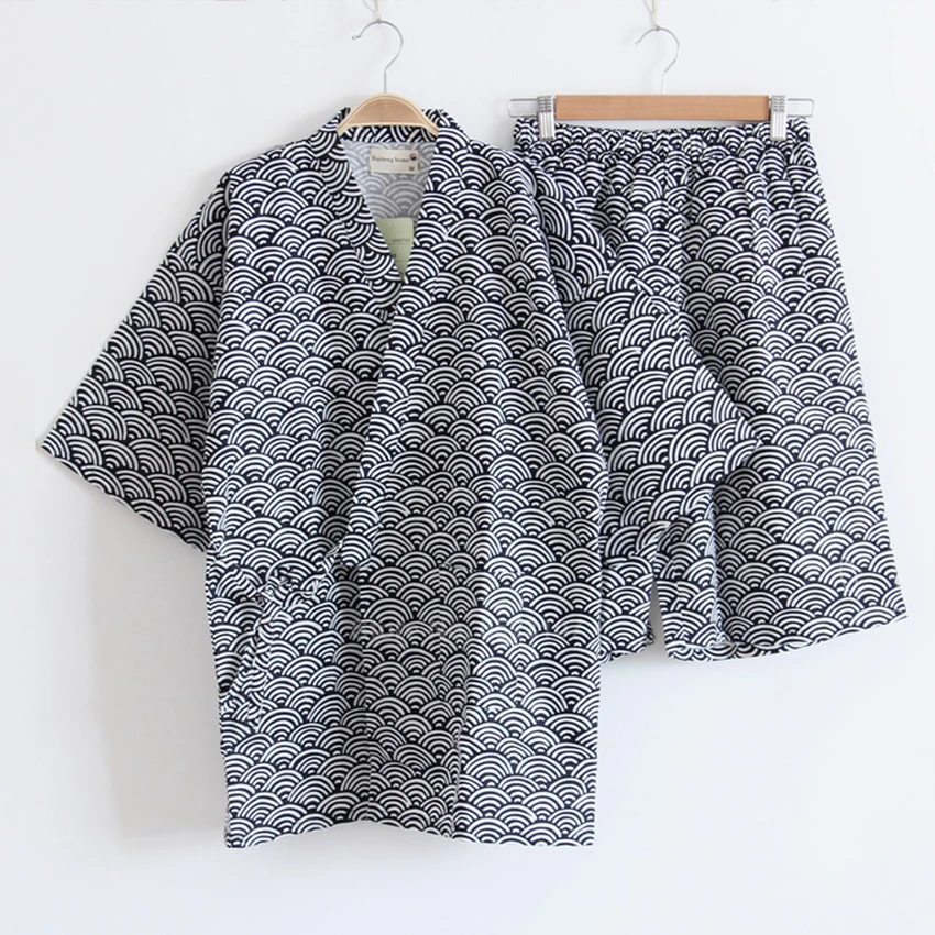 Pajama Sets Japanese Traditional Kimono Yukata Top Shorts Clothing Suit Summer Short Pant Pajamas Set For Men Samurai Male Sleepwear Bathing