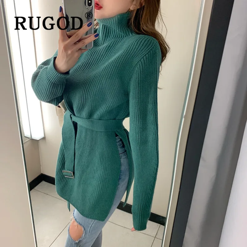 RUGOD элегантный вязаный женский свитер, корейский шик, рукав-фонарик, на шнуровке, Длинные пуловеры, Женская Повседневная Утепленная зимняя одежда с разрезом