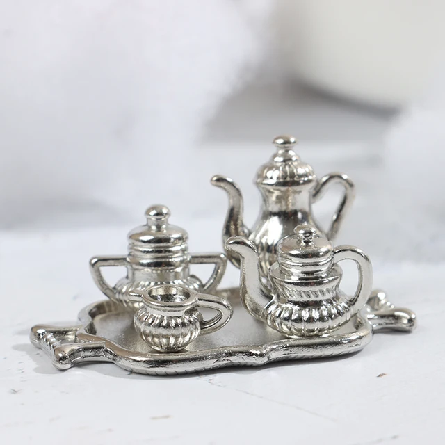 New 5pcs/Set 1:12 Dollhouse Miniature Metal Kitchen Tea Set Pot Flagon Plate Model  For Dollhouse Decoration 2