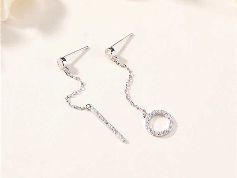 Heißer Verkauf Asymmetrie Runde Und Lange Streifen Zirkon Ohrringe 925 Sterling Silber Strass Anhänger Ohrring Frauen Schmuck Geschenk – Detail 13