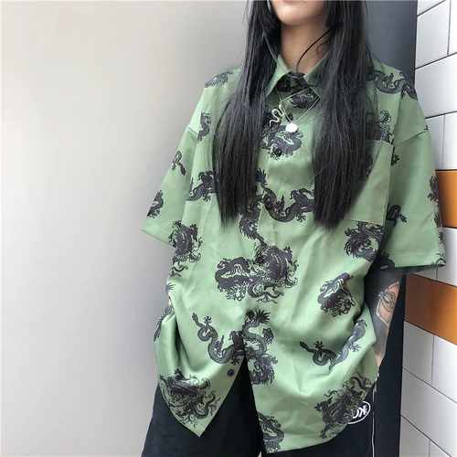 Harajuku/Модная уличная Корейская женская блузка с принтом дракона, коротким рукавом, пуговицами и отложным воротником, топ, рубашка, Винтажная футболка с готическим рисунком - Цвет: Зеленый