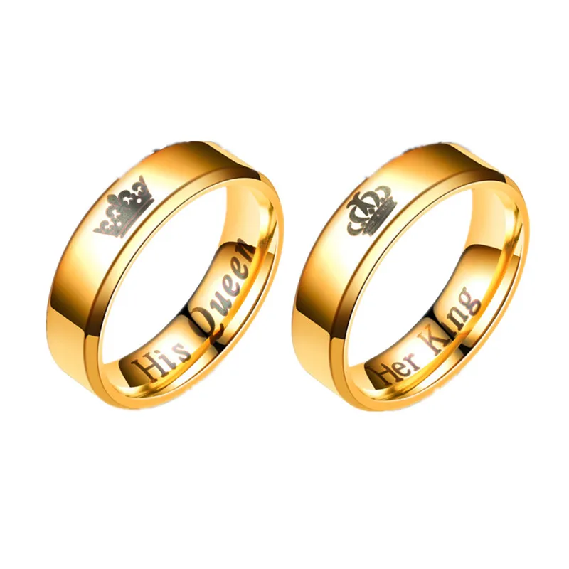 Золотой цвет король и королева Корона из нержавеющей стали кольца для пар