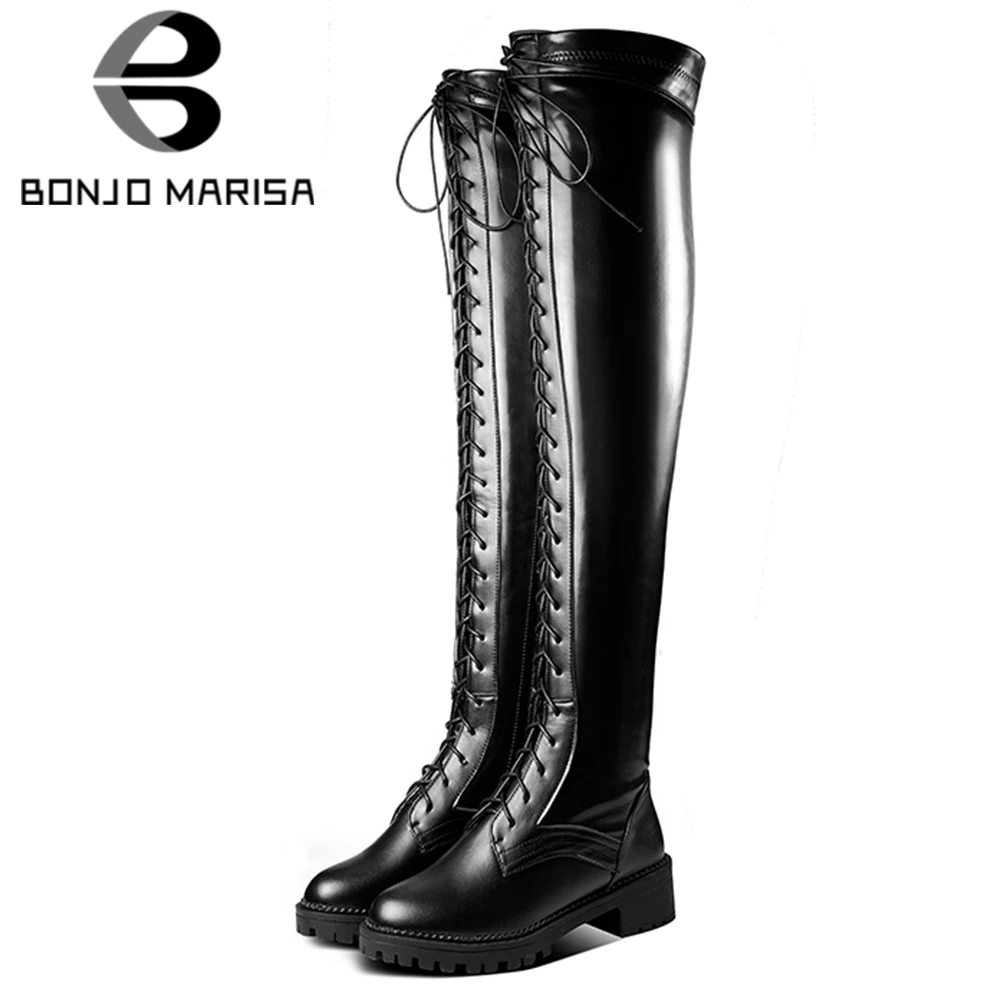 

BONJOMARISA 2020 Spring New 33-50 Ladies Elegant Over Knee Boots Fashion lace-up Thigh High Boots Women Med Heel Shoes Woman