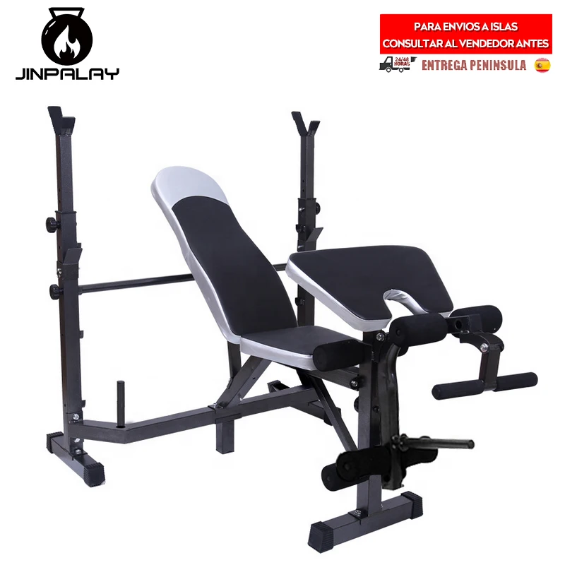 Banco de pesas plano todo en uno para ejercicios,estación de inmersión en  rack de press de banca ajustable,gimnasio con mancuernas,barra de  abdominales,barra de piernas,equipo de ejercicio para curl : :  Deportes y