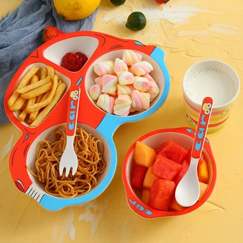 

5pcs/Sets Baby Bowl Bamboo Bowl For Children Cartoon Car Shape Baby Feeding Set Child Dishes And Plates Sets Tableware For Kids