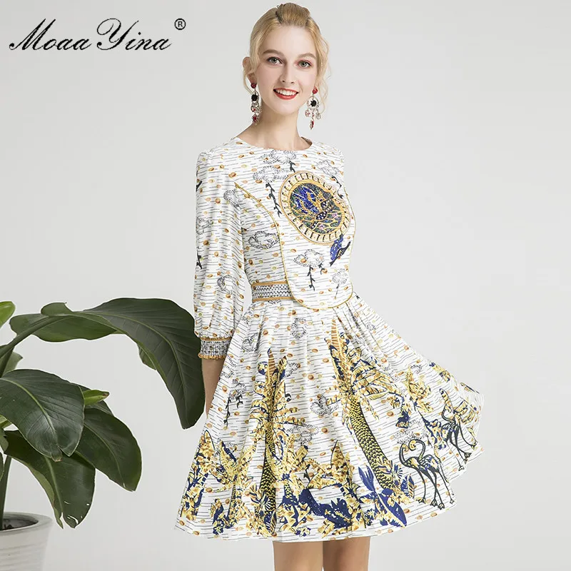 

MoaaYina Fashion Designer Runway dress Spring Summer Women Dress Coconut tree Print Beading Vintage Elegant Dresses