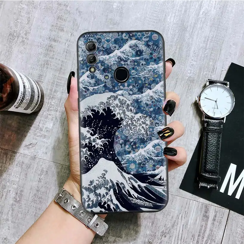 Wave Art Japanese Green Illust Black Cover Phone Case for Huawei Y9 Y5 Y6 Y7 2019 4