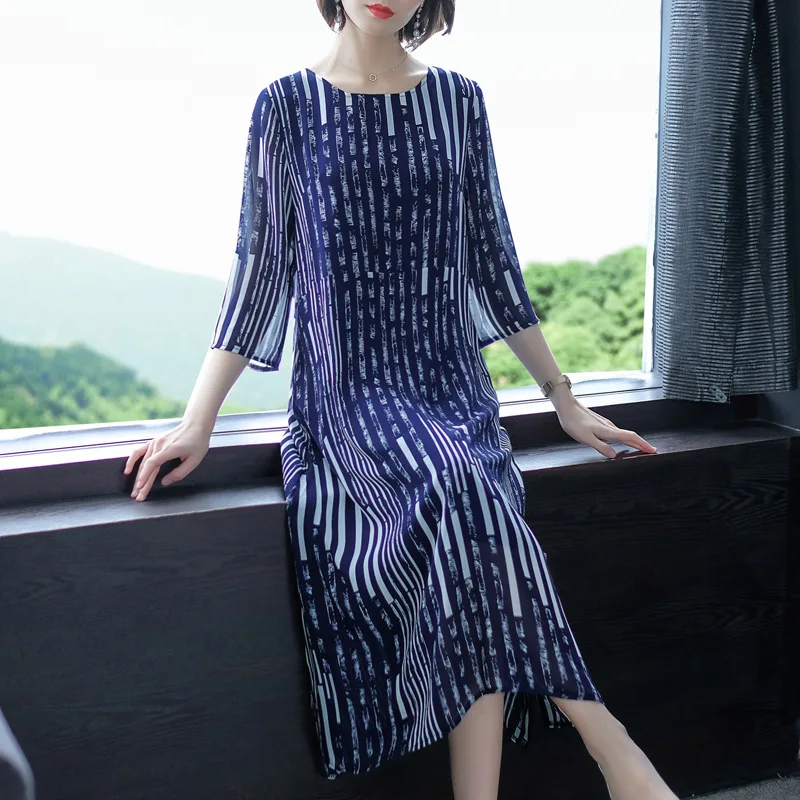 

2019 New Style Spring And Summer Dress-Style Elegant Immortal Printed Dress over-the-Knee Slimming Stripes Chiffon Skirt
