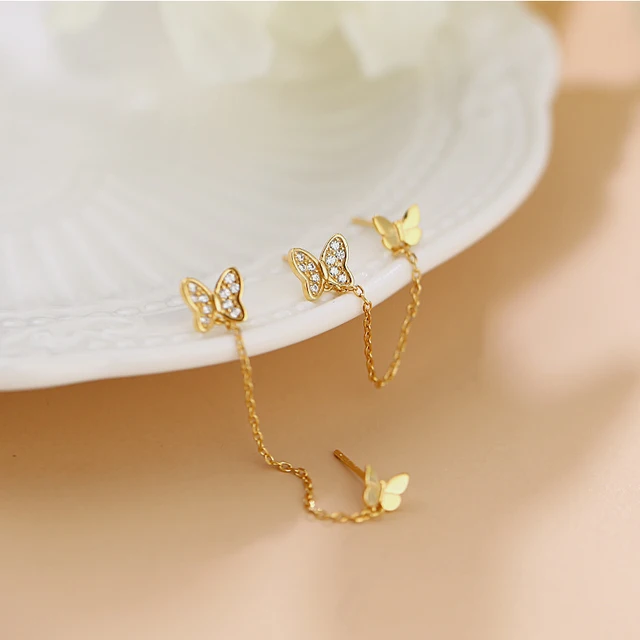 ANENJERY-Boucles d'Oreilles Papillon en Argent pour Femme, Double Trou d'Oreille, Pompon, Bijoux