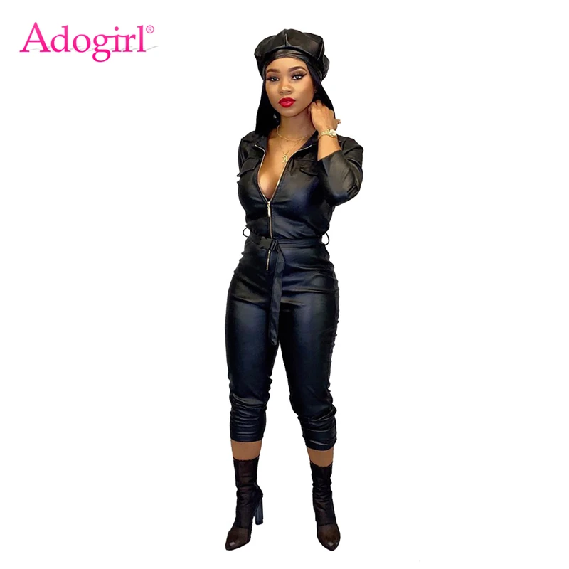 Adogirl Fashion Sexy Women PU Leather Jumpsuit Front Zipper Long Sleeve Skinny Romper with Adjustable Belt Female Club Overalls